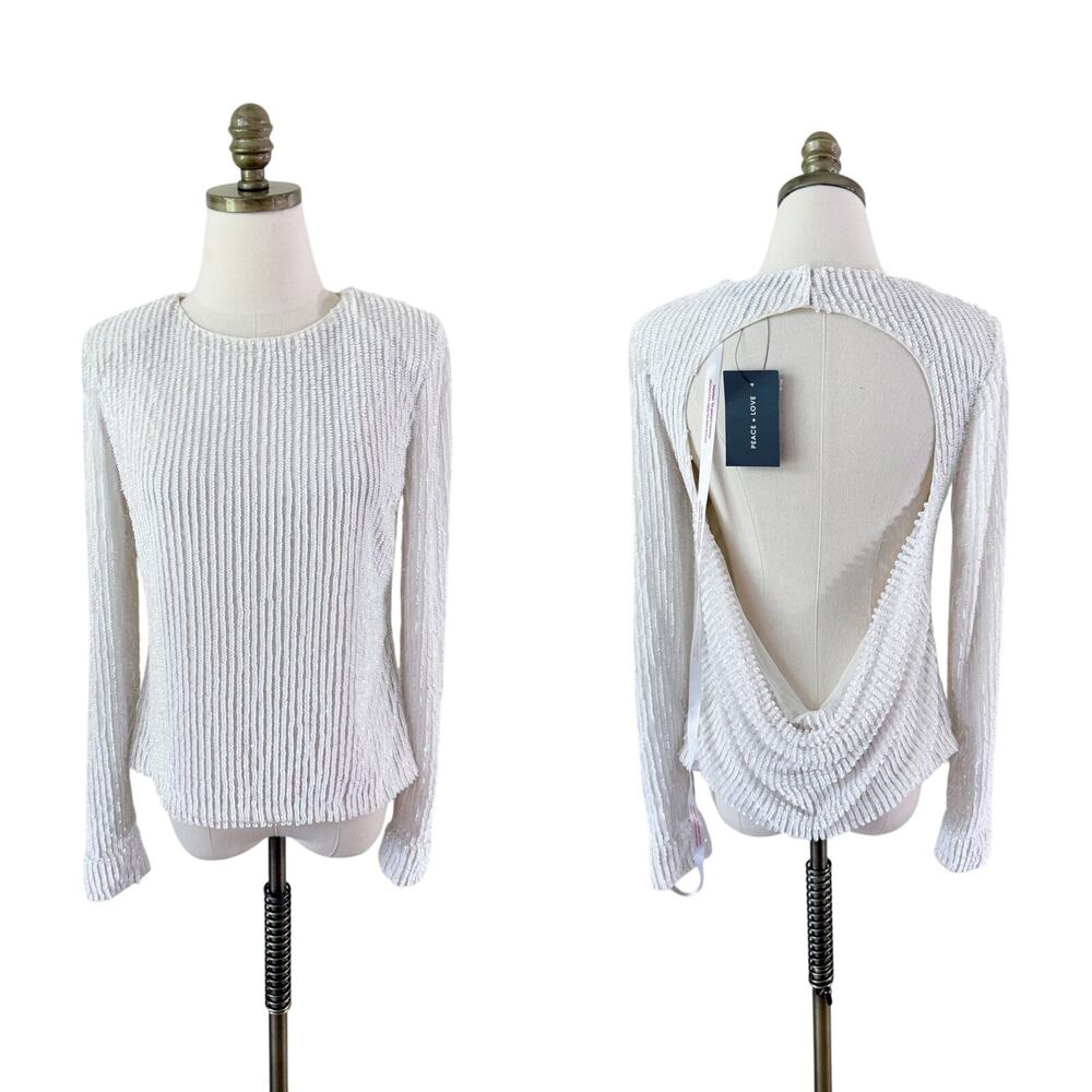 NWT Peace + Love Iridescent White Long Sleeve Sequin Top w Cowl Back Women's 2